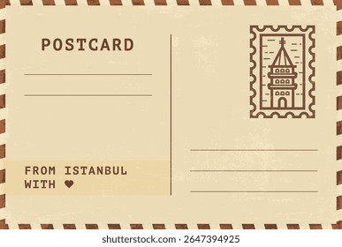 Do modelo de cartão postal de Istambul. Ilustração de cartão postal estilo vintage grungy vetor com selo, torre, marco, mensagem. Layout de imagem simples de saudações simples