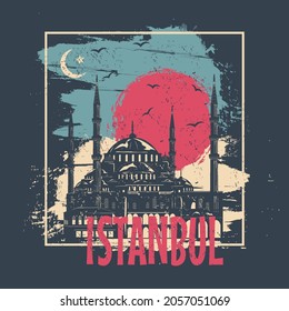 Istanbul poster abstract design. Typography for t-shirt print with Blue Mosque .Vector Illustration.