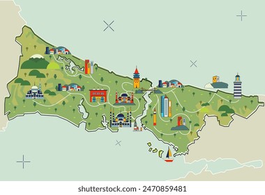 istanbul province flat infographic map design,  Istanbul is a famous city in Turkey which is located on the continents of Europe and Asia and is separated by the Bosphorus Strait.