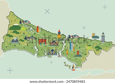 istanbul province flat infographic map design,  Istanbul is a famous city in Turkey which is located on the continents of Europe and Asia and is separated by the Bosphorus Strait.