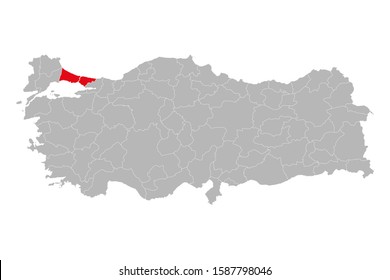 Istanbul province highlighted red color on turkey map vector. Gray background.
