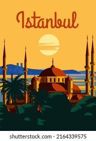 Istanbul Retro Poster, Sunset Stadt Türkei, Noble Hagia Sophia Grand Moschee. Vintage Touristische Postkarte