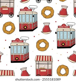 Istanbul retro red tramways, traditional tea glasses, simits doodles seamless pattern for wallpaper, wrapping paper, packaging, backgrounds, digital paper, etc. EPS 10