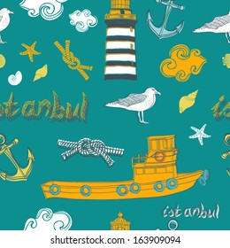 Istanbul seamless pattern in vector with lighthouse and boat.