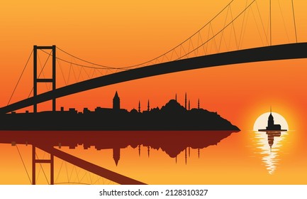 Istanbul silhouette and Bosphorus Bridge at sunset. vector illustration