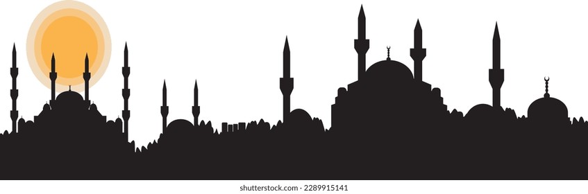 Istanbul-Silhouette und Vollmond auf weißem Hintergrund. Silhouette von Hagia Sophia und Sultan Ahmet Moschee. Bosporus und Moscheen.