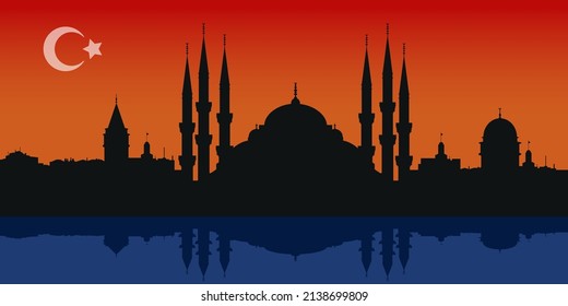 Istanbul silhouette on sunset background composition. Turkey country design. City reflected in water. Blue mosque, towers and city panorama at night vector illustration