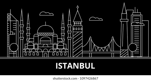 Istanbul silhouette skyline. Turkey - Istanbul vector city, turkish linear architecture, buildings. Istanbul travel illustration, outline landmarks. Turkey flat icon, turkish line banner