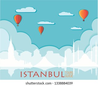 Istanbul silhouette, vector skyline illustration, Blue mosque, clouds, bridge, collage icon, city panorama river