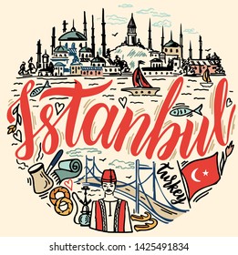 Istanbul sketch illustration vector. Landmark, symbol, culture and travel.  Symbols of Turkey round design. For card, poster, print design, t-shirt design. 