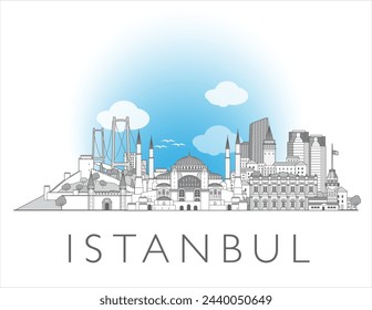 Istanbul skyline cityscape illustration in black and white