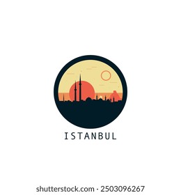 Istanbul skyline, downtown panorama logo, logotype. Turkey city round badge contour, isolated vector vintage pictogram with monuments, landmarks