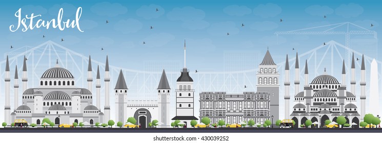 Istanbul Skyline with Gray Landmarks and Blue Sky. Vector Illustration. Business Travel and Tourism Concept with Istanbul City. Image for Presentation Banner Placard and Web Site.