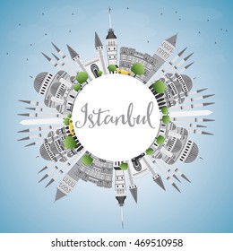 Istanbul Skyline with Gray Landmarks, Blue Sky and Copy Space. Vector Illustration. Business Travel and Tourism Concept with Istanbul City. Image for Presentation Banner Placard and Web Site.