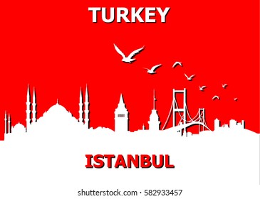 Istanbul skyline with red backround and birds.