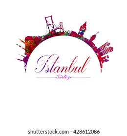 Istanbul skyline in watercolor background.