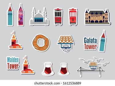 istanbul sticker set, maiden tower, galata tower, seagulls, bagels, mosque