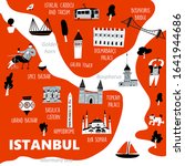 Istanbul stylized map with main tourists attractions and cultural symbols, made in vector