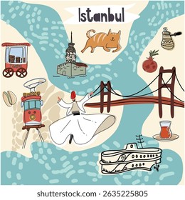 Istanbul stylized map with main tourists attractions and cultural symbols, made in vector, hand drawn line simple illustration.