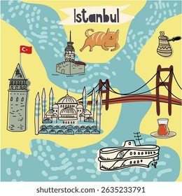 Istanbul stylized map with main tourists attractions and cultural symbols, made in vector, hand drawn line simple illustration.