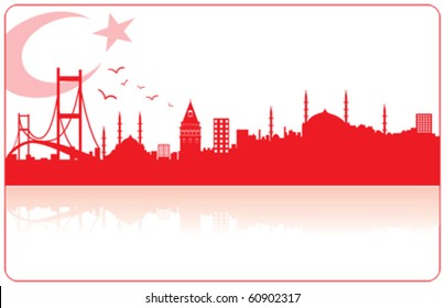 Istanbul Sunset Panorama Bosphorus, Turkiye Flag