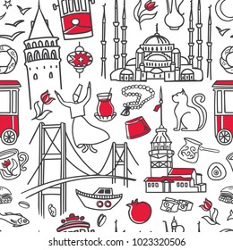 Istanbul symbols. Hand drawn vector seamless pattern with black outline doodles and red color on white background. Modern clear line design for touristic print, backdrop, wrapping paper or wallpaper.