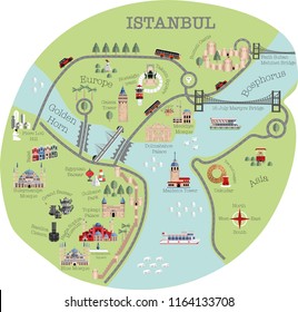 Istanbul tourist map illustration in flat style with most popular historical famous places symbols, sight and icons. Palaces, bridges, mosques, monuments and landmarks. Istanbul travel guide for print