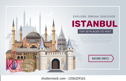 Istanbul travel banner design template. Turkey vacation and Travel concept. Istanbul travel destinations. Vector travel illustration for Turkey.