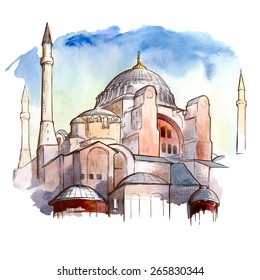 Istanbul travel notes - panorama with Hagia Sophia Cathedral. Traced watercolor sketch with a line drawing in a separate layer above. EPS10 vector illustration. 