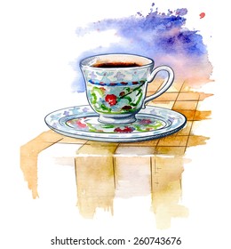 Istanbul travel notes - Typical Turkish style cup of coffee. Traced watercolor sketch with a line drawing in a separate layer above. EPS10vector illustration.