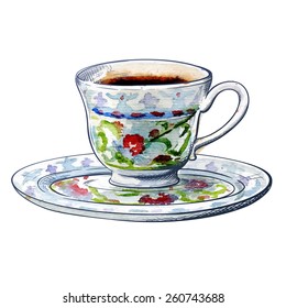 Istanbul travel notes - Typical Turkish style cup of coffee isolated on white background. Traced watercolor sketch with a line drawing in a separate layer above. EPS10 vector illustration.