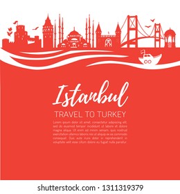 Istanbul. Travel to Turkey. Modern flat vector illustration of famous turkish landmarks: Galata Tower, Bosphorus bridge, Blue Mosque. Panoramic skyline silhouette with waves on red square background.