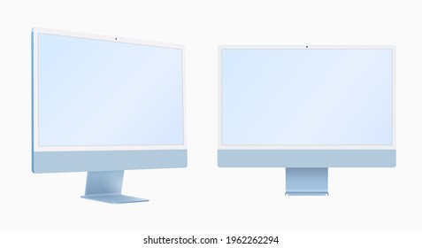ISTANBUL, TURKEY - April 24, 2021: Newly released iMac 2021 green color 3D realistic vector mockup, front and perspective view