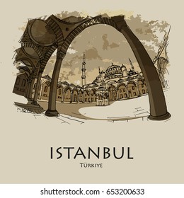 ISTANBUL, TURKEY: Blue Mosque (Sultanahmet Camii). Hand drawn sketch. Poster, postcard, calendar