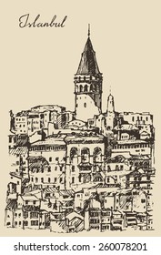 Istanbul, Turkey, city architecture, Galata Tower view, vintage engraved illustration, hand drawn, sketch