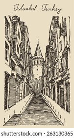 Istanbul, Turkey, city architecture, Galata Tower view, vintage engraved illustration, hand drawn, sketch