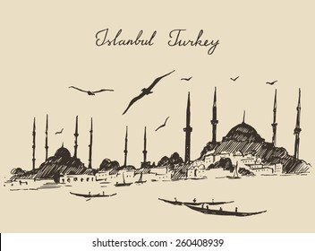 Istanbul, Turkey, city architecture, harbor, vintage engraved illustration, hand drawn, sketch