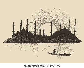Istanbul, Turkey, city architecture, vintage engraved illustration, hand drawn, sketch