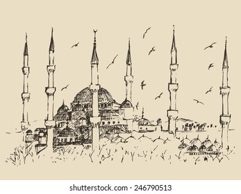 Istanbul, Turkey, city architecture, vintage engraved illustration, hand drawn, sketch