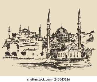 Istanbul, Turkey, city architecture, vintage engraved illustration, hand drawn, sketch