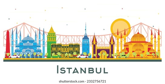 Istanbul Turkey City Skyline with Color Landmarks Isolated on White. Vector Illustration. Business Travel and Tourism Concept with Istanbul City. Istanbul Cityscape with Landmarks.