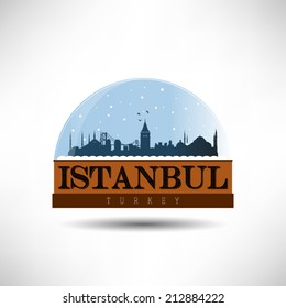 Istanbul, Turkey City Skyline Silhouette In Snow Globe. Vector Design.