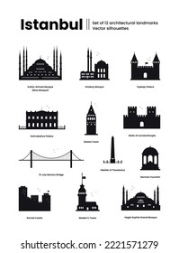 Istanbul Turkey concept. Set of 12 architectural landmarks. Silhouettes for wayfinding signs. Vector illustration on a white background.