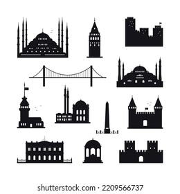 Istanbul Turkey concept. A set of silhouettes of Istanbul's architectural landmarks. Vector illustration on white background.