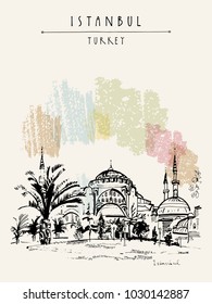 Istanbul, Turkey. Famous Hagia Sophia mosque. Hand-drawn tourist attraction. Travel sketch. Vertical vintage touristic postcard or poster, book illustration in vector