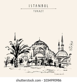 Istanbul, Turkey. Famous Hagia Sophia mosque. Hand-drawn tourist attraction. Travel sketch. Vintage touristic postcard or poster, book illustration in vector