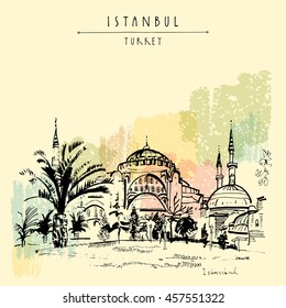 Istanbul, Turkey. Famous Hagia Sophia mosque. Hand-drawn tourist attraction. Travel sketch. Vintage touristic postcard or poster, book illustration in vector