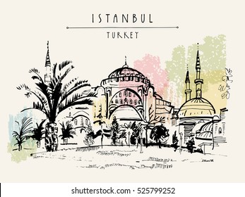 Istambul, Turquia. Famosa mesquita de Hagia Sophia. Atração turística desenhada à mão. Esboço de viagem. Cartão postal ou cartaz turístico vintage, ilustração de livros em vetor