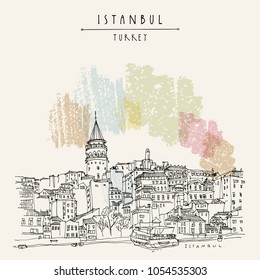Istanbul, Turkey. Galata tower (Galata Kilesi) and Karakoy district, view from Bosphorus. Travel sketch. Hand drawn vintage touristic postcard. Vector illustration