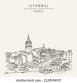 Istanbul, Turkey. Galata tower (Galata Kilesi) and Karakoy district, view from Bosphorus. Travel sketch. Hand drawn vintage touristic postcard. Vector illustration